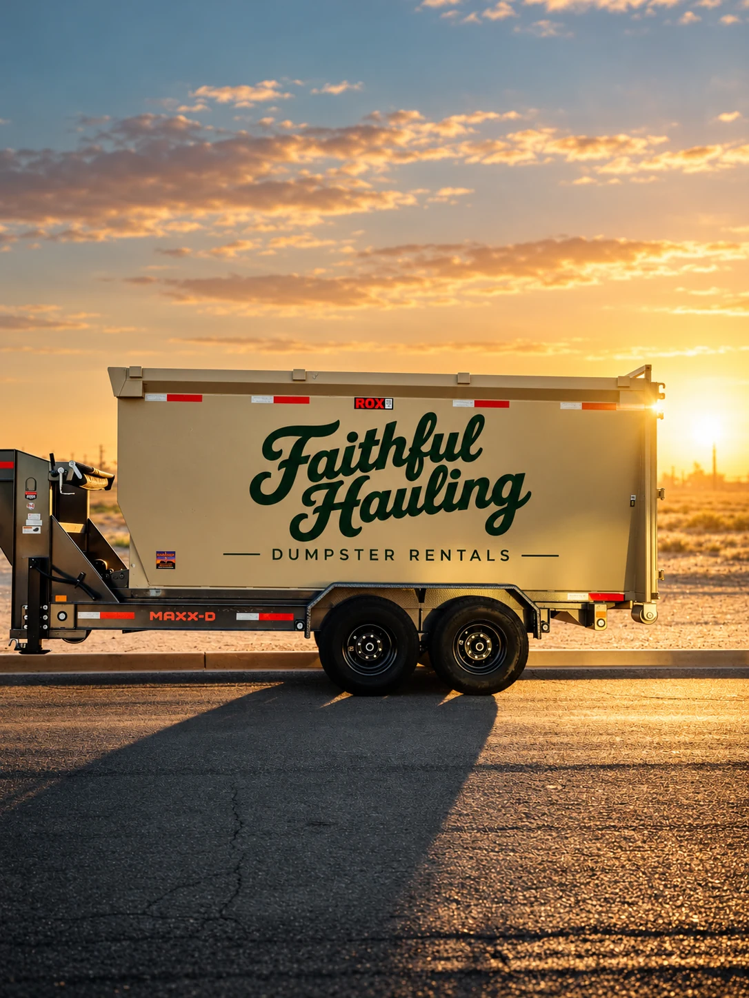 Faithful Hauling branded roll-off dumpster and trailer photographed against an Arizona sunset