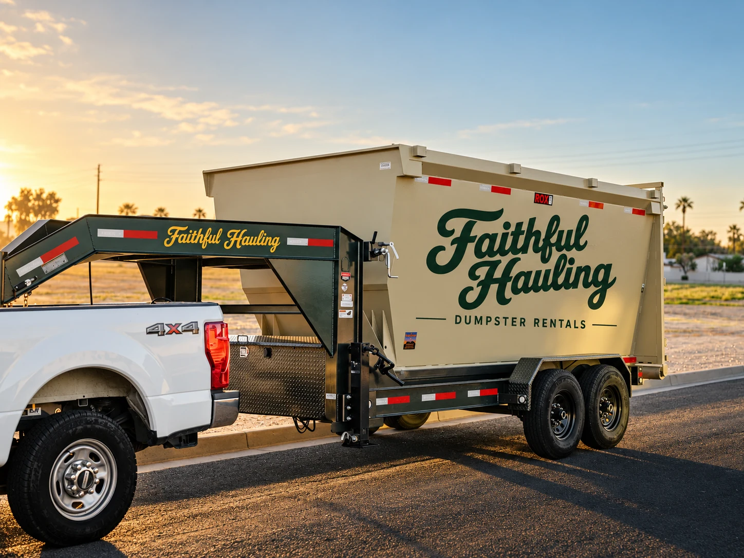 Faithful Hauling branded desert-tan roll-off dumpster on a black gooseneck trailer pulled by a white truck